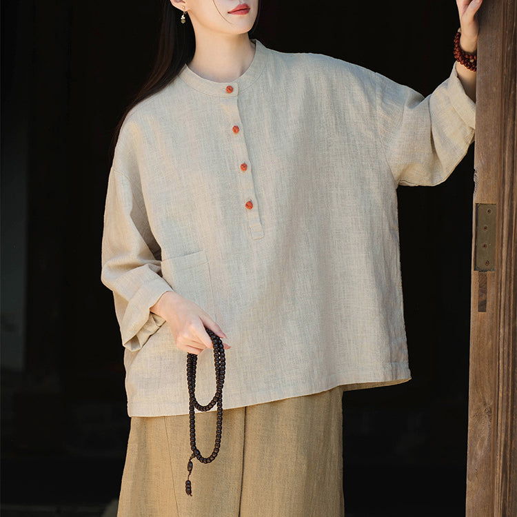 Standing collar linen shirt, vintage Chinese linen shirt