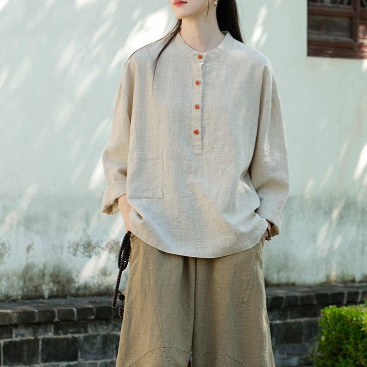 Standing collar linen shirt, vintage Chinese linen shirt