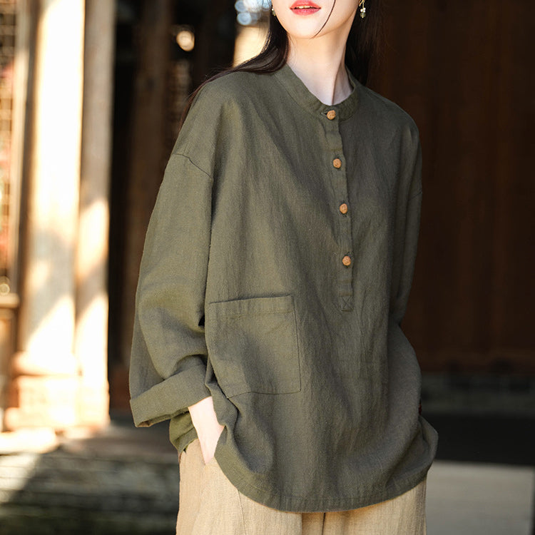 Standing collar linen shirt, vintage Chinese linen shirt