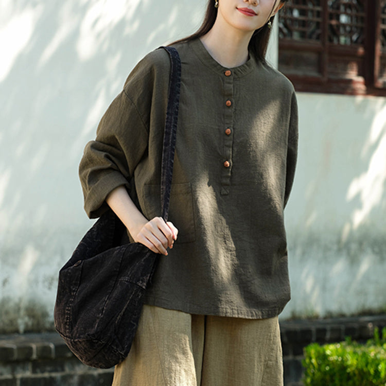 Standing collar linen shirt, vintage Chinese linen shirt