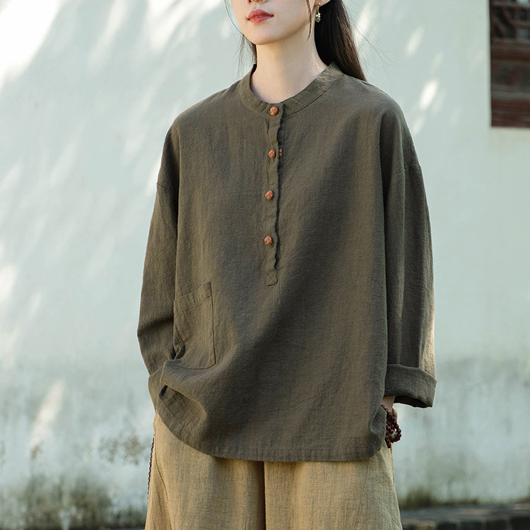 Standing collar linen shirt, vintage Chinese linen shirt