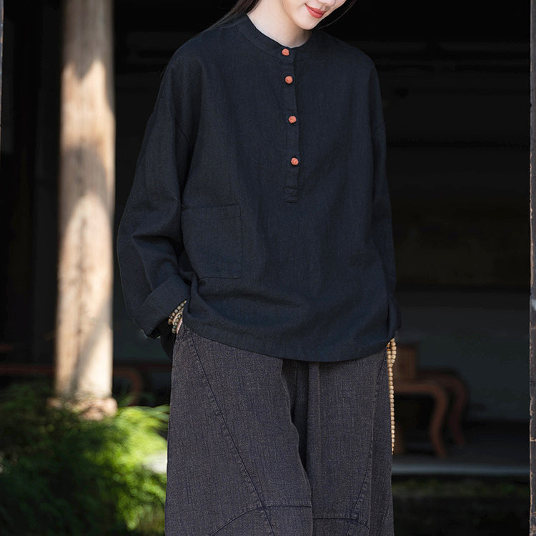 Standing collar linen shirt, vintage Chinese linen shirt