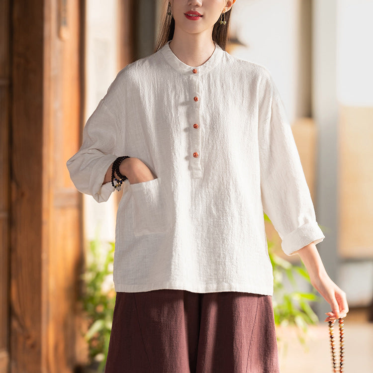 Standing collar linen shirt, vintage Chinese linen shirt