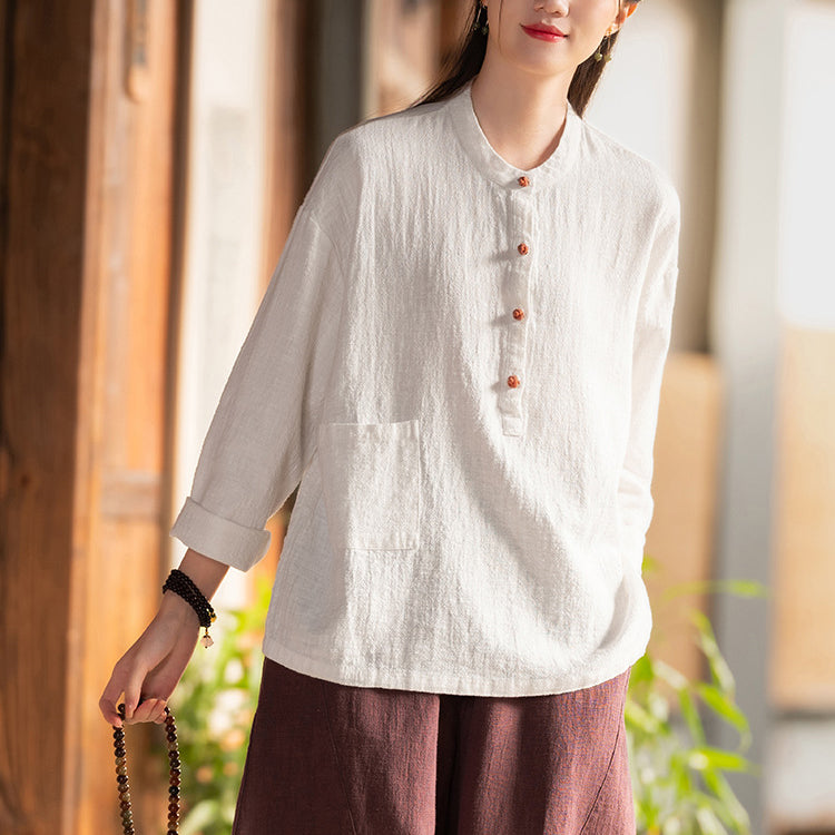 Standing collar linen shirt, vintage Chinese linen shirt