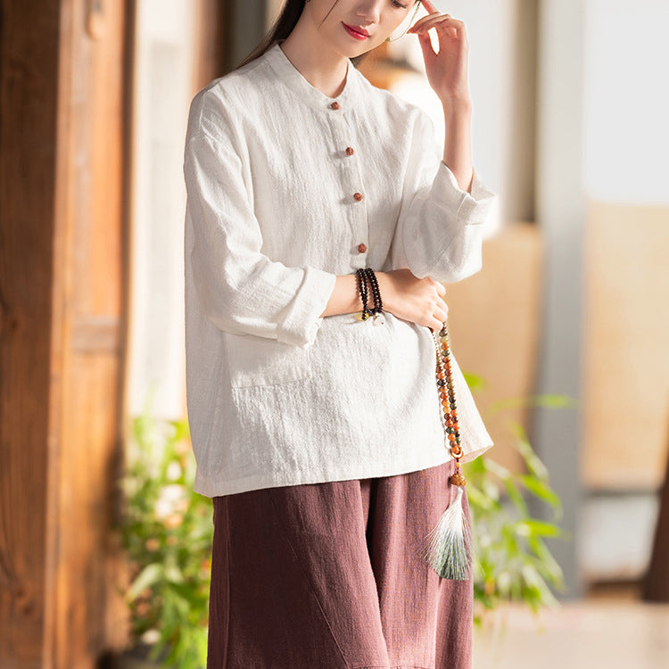 Standing collar linen shirt, vintage Chinese linen shirt