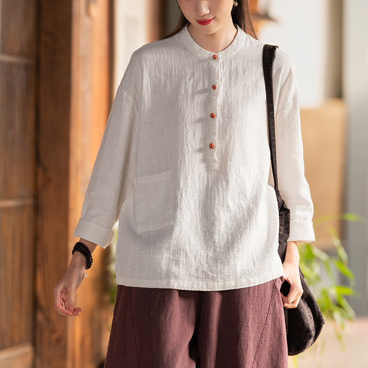 Standing collar linen shirt, vintage Chinese linen shirt