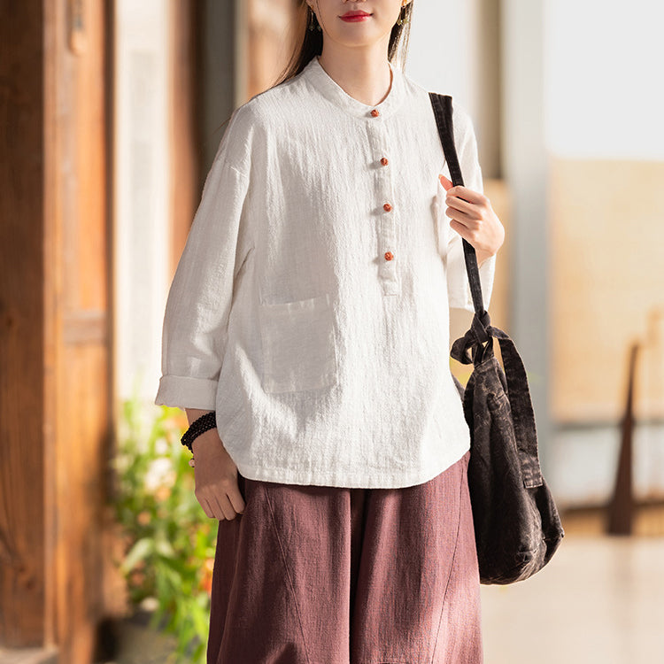 Standing collar linen shirt, vintage Chinese linen shirt