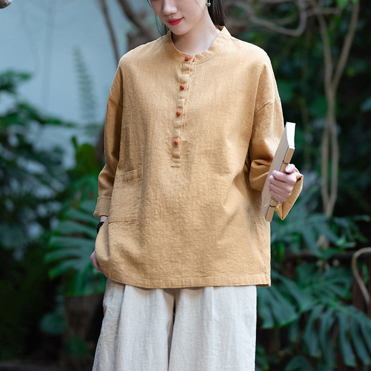 Standing collar linen shirt, vintage Chinese linen shirt