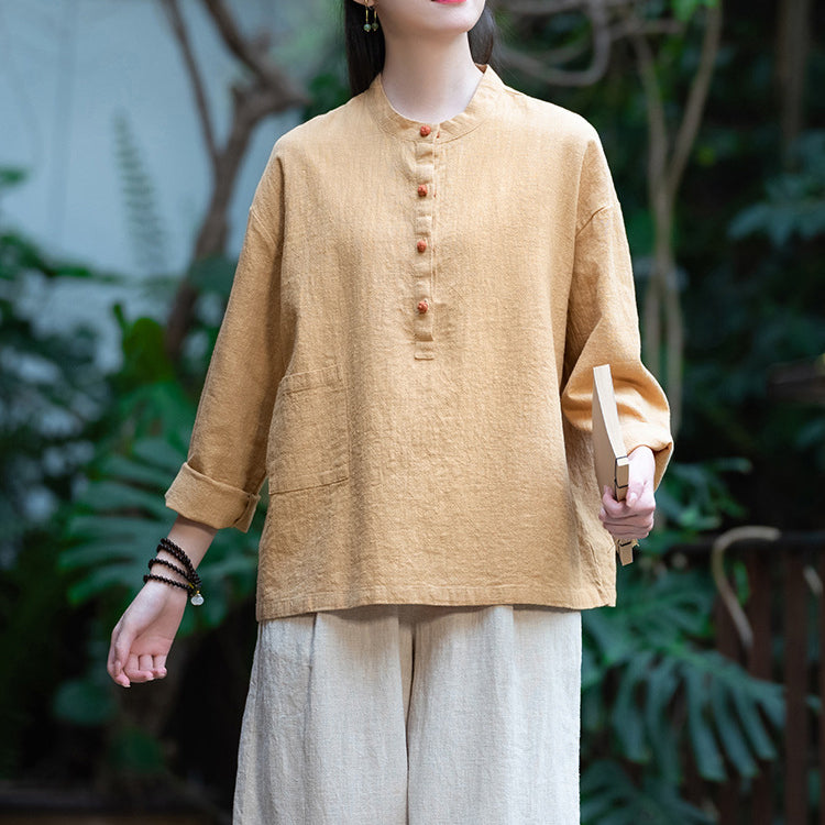 Standing collar linen shirt, vintage Chinese linen shirt