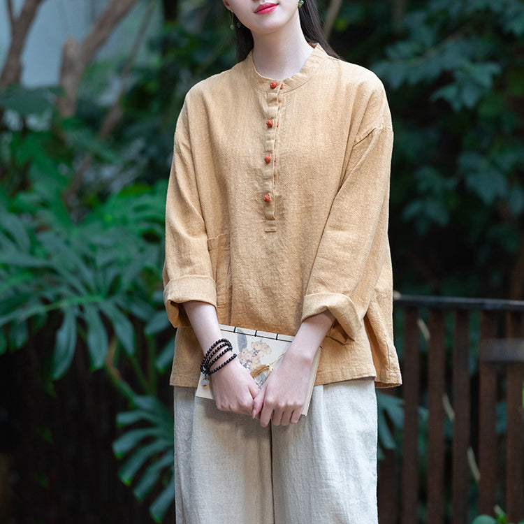 Standing collar linen shirt, vintage Chinese linen shirt