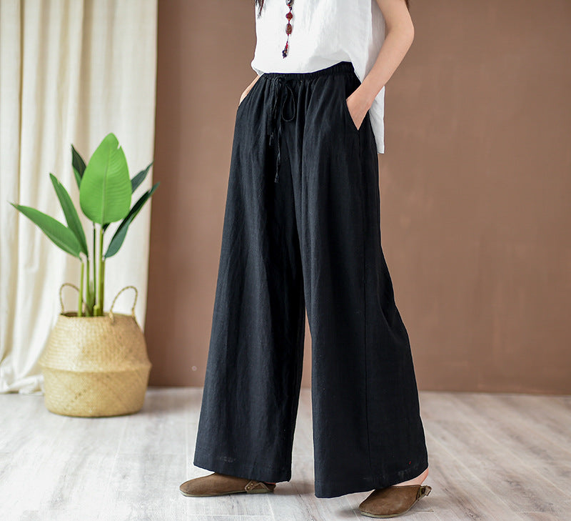 Summer linen wide leg pants, loose casual elastic waist linen pants