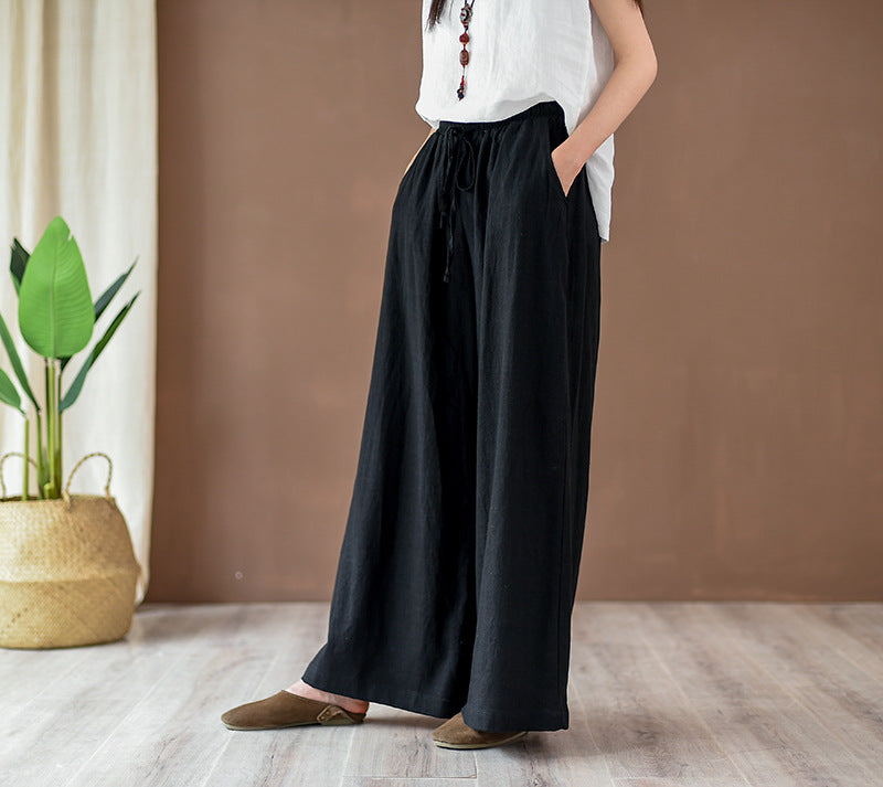 Summer linen wide leg pants, loose casual elastic waist linen pants