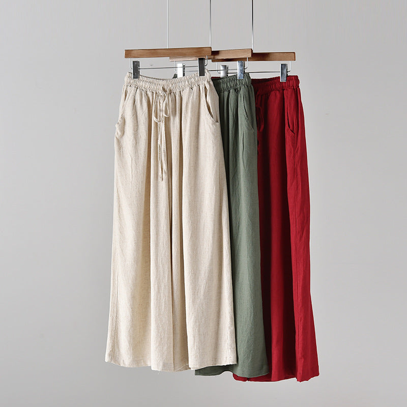 Summer linen wide leg pants, loose casual elastic waist linen pants