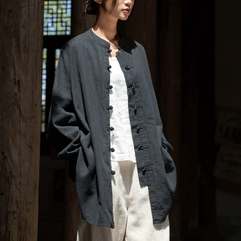 Loose Standing Collar Linen Shirt, Vintage Chinese Linen Shirt Plus size