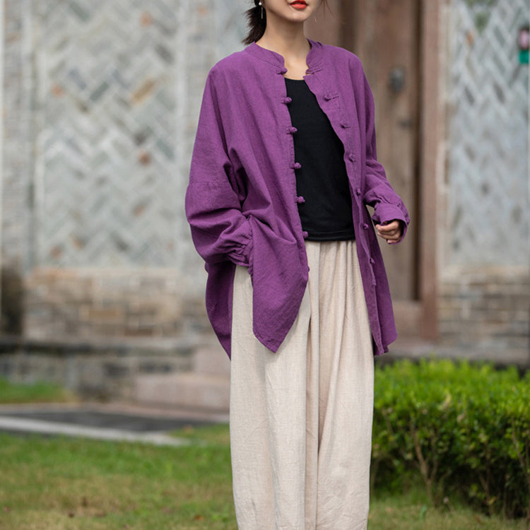 Loose Standing Collar Linen Shirt, Vintage Chinese Linen Shirt Plus size