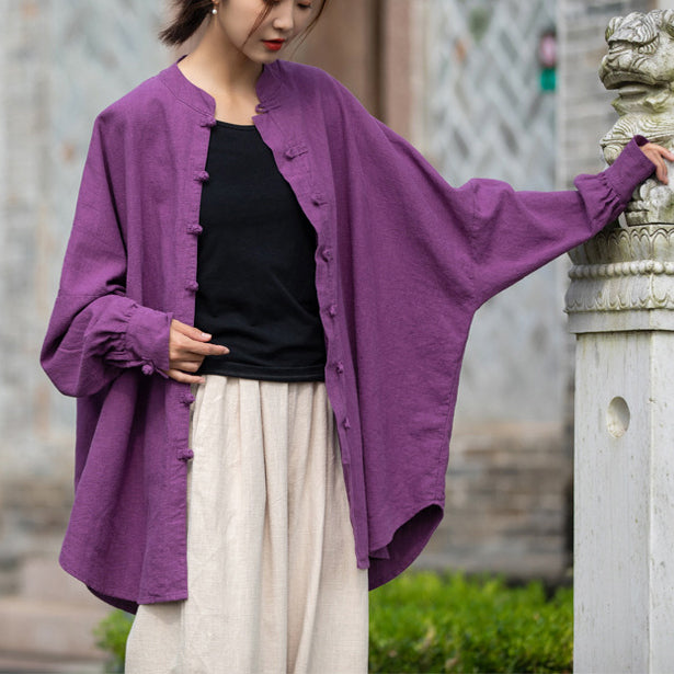 Loose Standing Collar Linen Shirt, Vintage Chinese Linen Shirt Plus size