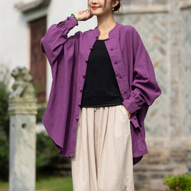 Loose Standing Collar Linen Shirt, Vintage Chinese Linen Shirt Plus size