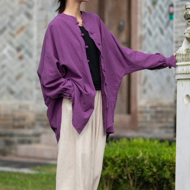 Loose Standing Collar Linen Shirt, Vintage Chinese Linen Shirt Plus size