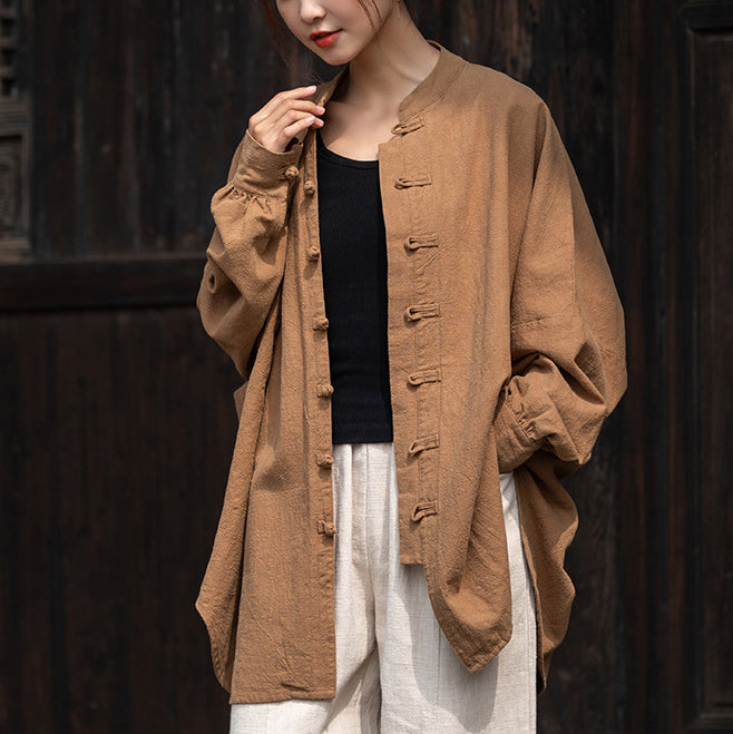 Loose Standing Collar Linen Shirt, Vintage Chinese Linen Shirt Plus size