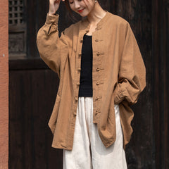 Loose Standing Collar Linen Shirt, Vintage Chinese Linen Shirt Plus size