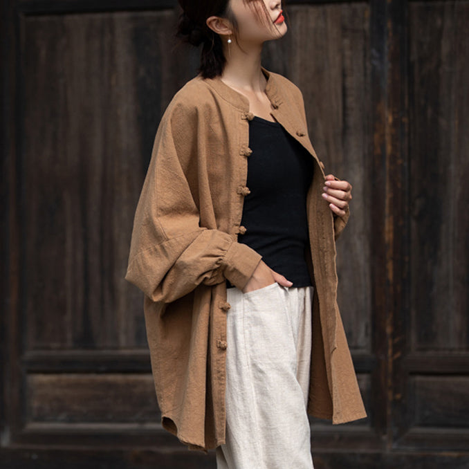 Loose Standing Collar Linen Shirt, Vintage Chinese Linen Shirt Plus size