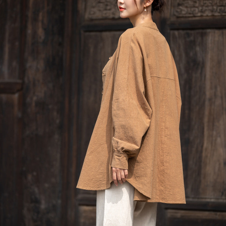 Loose Standing Collar Linen Shirt, Vintage Chinese Linen Shirt Plus size