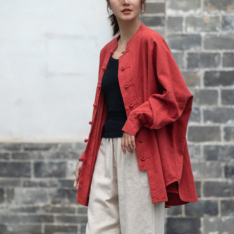 Loose Standing Collar Linen Shirt, Vintage Chinese Linen Shirt Plus size