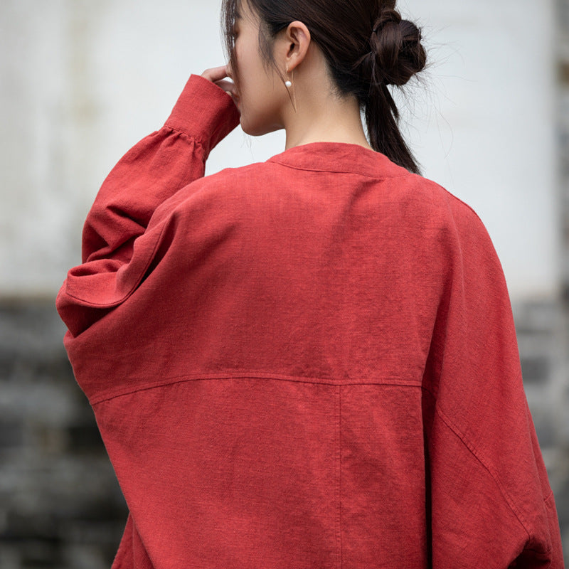 Loose Standing Collar Linen Shirt, Vintage Chinese Linen Shirt Plus size