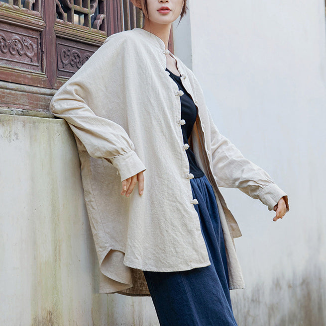 Loose Standing Collar Linen Shirt, Vintage Chinese Linen Shirt Plus size