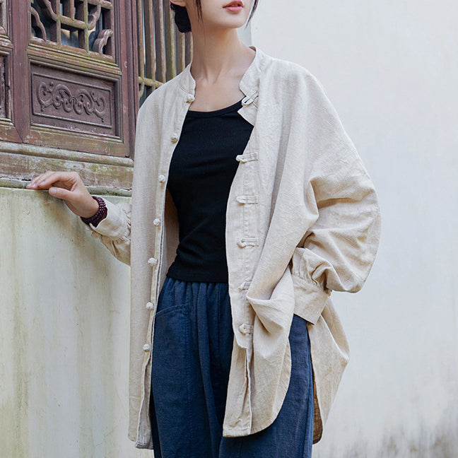 Loose Standing Collar Linen Shirt, Vintage Chinese Linen Shirt Plus size