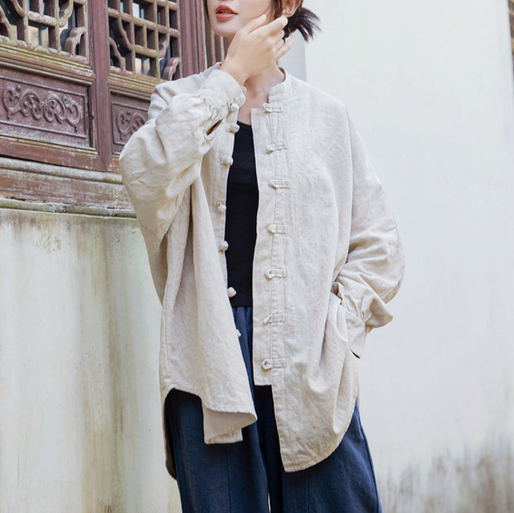 Loose Standing Collar Linen Shirt, Vintage Chinese Linen Shirt Plus size