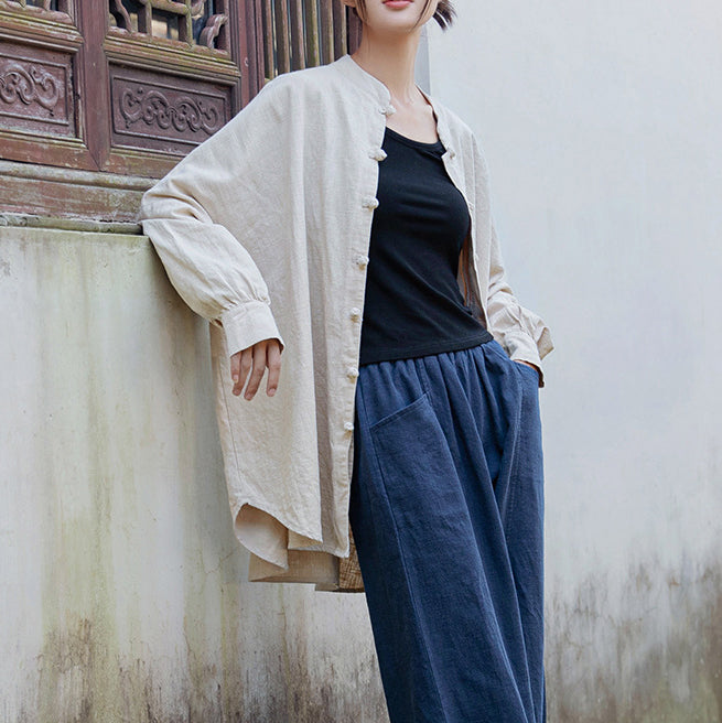 Loose Standing Collar Linen Shirt, Vintage Chinese Linen Shirt Plus size