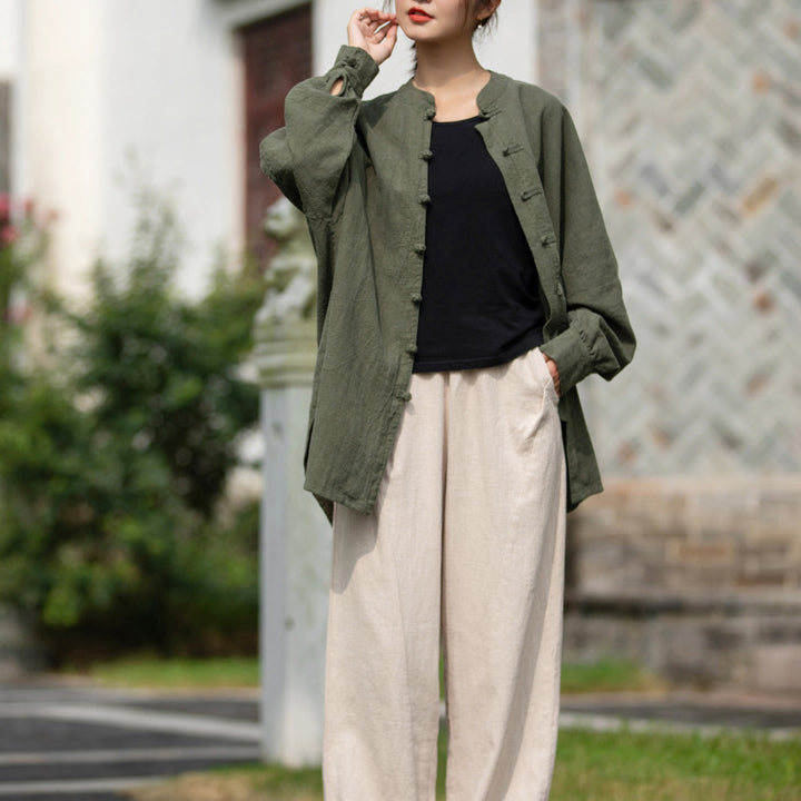 Loose Standing Collar Linen Shirt, Vintage Chinese Linen Shirt Plus size