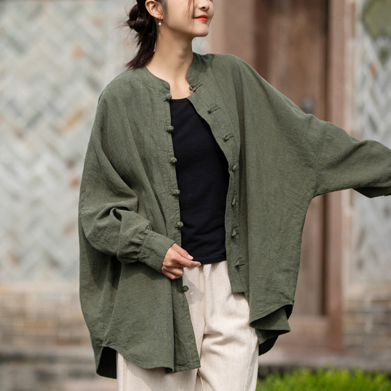 Loose Standing Collar Linen Shirt, Vintage Chinese Linen Shirt Plus size