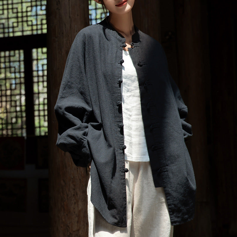 Loose Standing Collar Linen Shirt, Vintage Chinese Linen Shirt Plus size