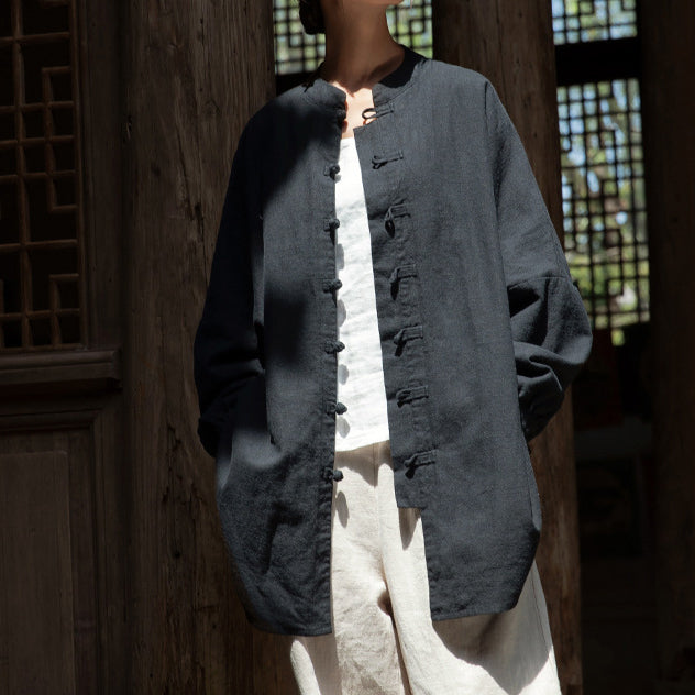 Loose Standing Collar Linen Shirt, Vintage Chinese Linen Shirt Plus size