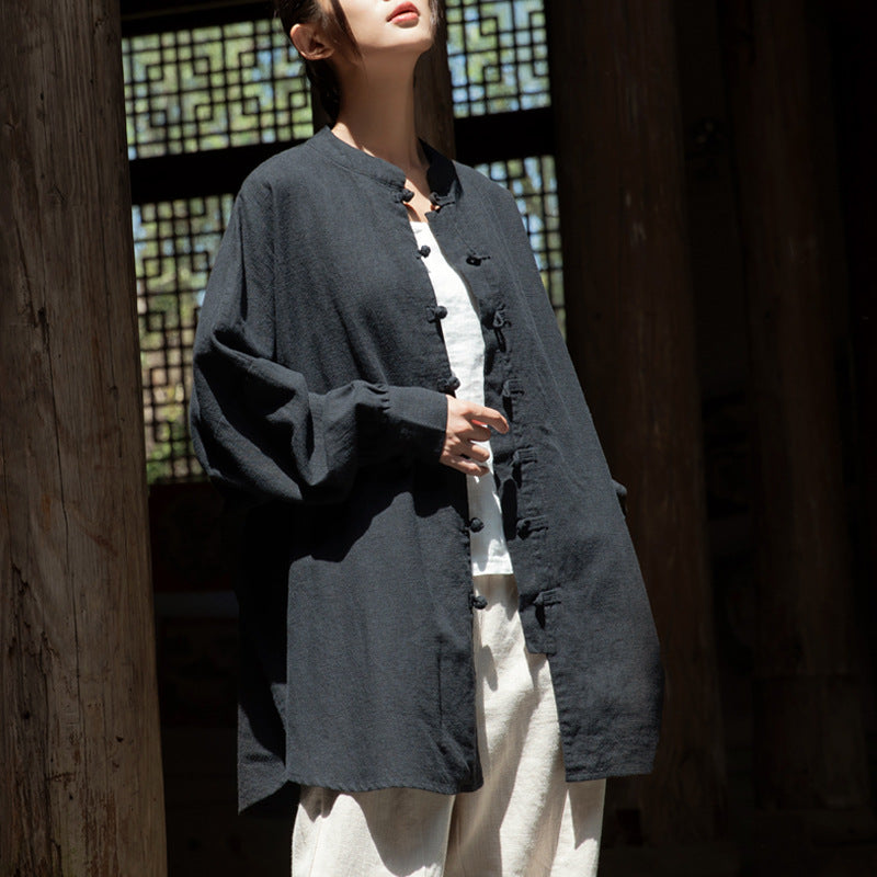 Loose Standing Collar Linen Shirt, Vintage Chinese Linen Shirt Plus size