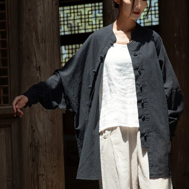 Loose Standing Collar Linen Shirt, Vintage Chinese Linen Shirt Plus size