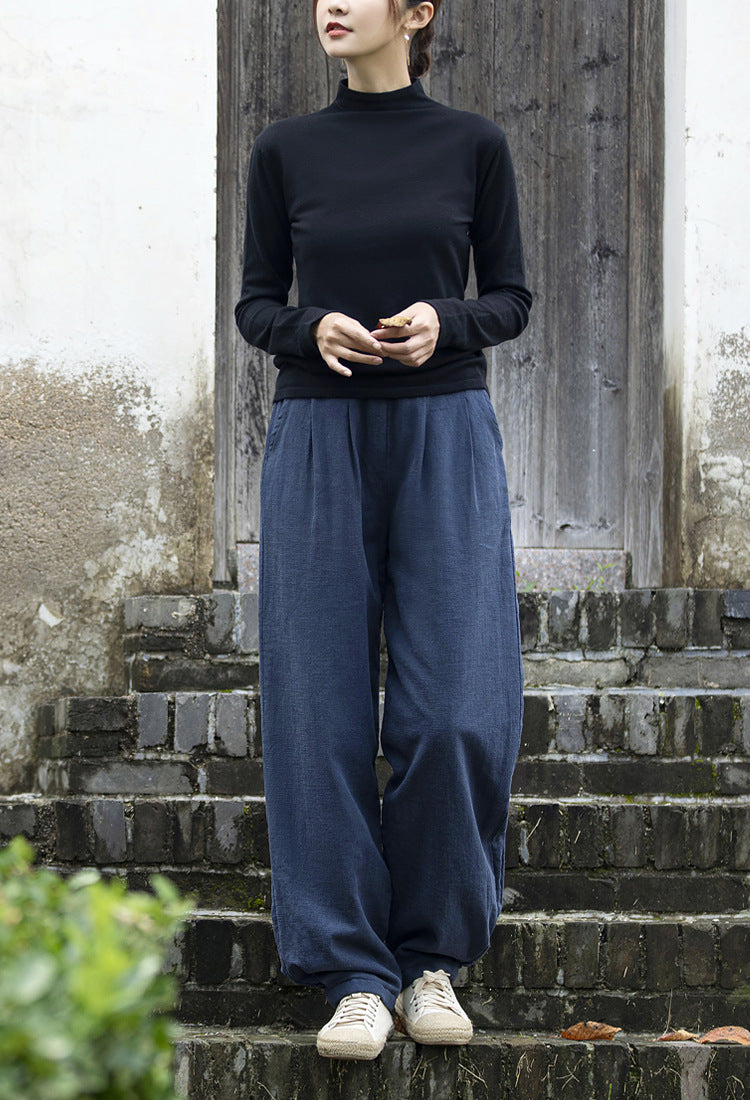 Winter linen wide leg pants, loose casual elastic waist linen pants