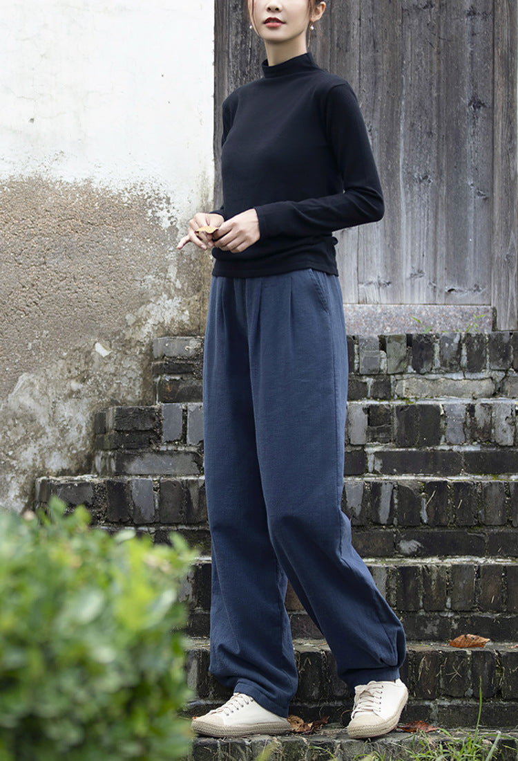 Winter linen wide leg pants, loose casual elastic waist linen pants