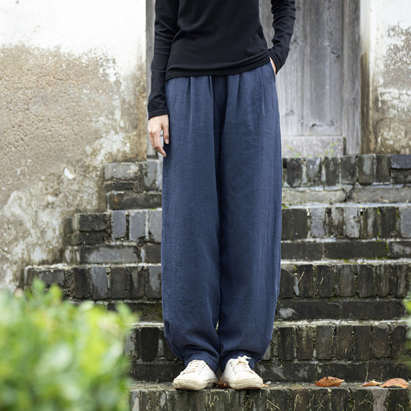 Winter linen wide leg pants, loose casual elastic waist linen pants