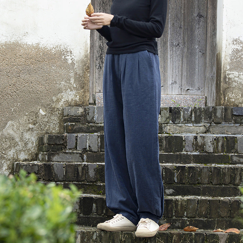 Winter linen wide leg pants, loose casual elastic waist linen pants