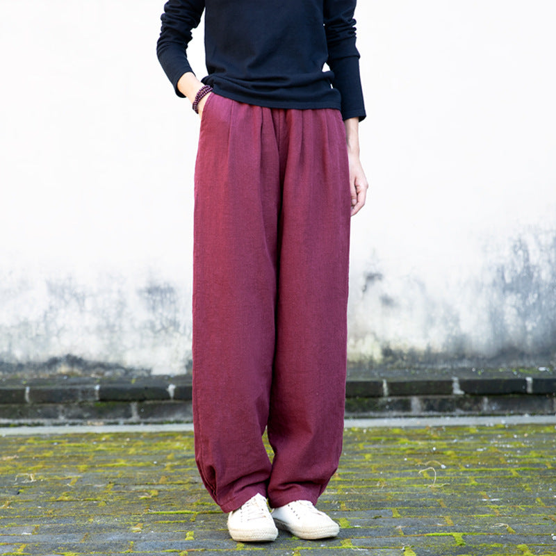 Winter linen wide leg pants, loose casual elastic waist linen pants