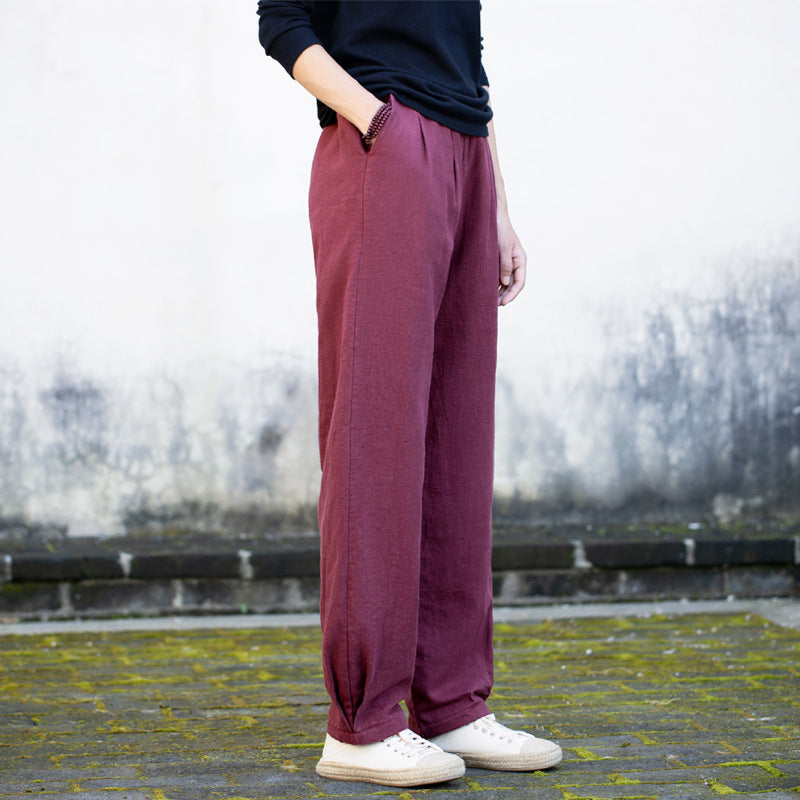 Winter linen wide leg pants, loose casual elastic waist linen pants