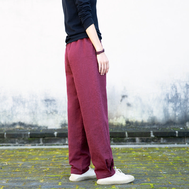 Winter linen wide leg pants, loose casual elastic waist linen pants