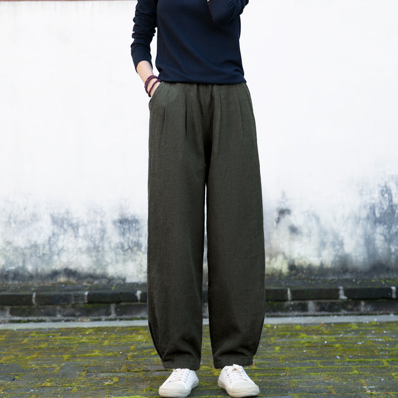 Winter linen wide leg pants, loose casual elastic waist linen pants