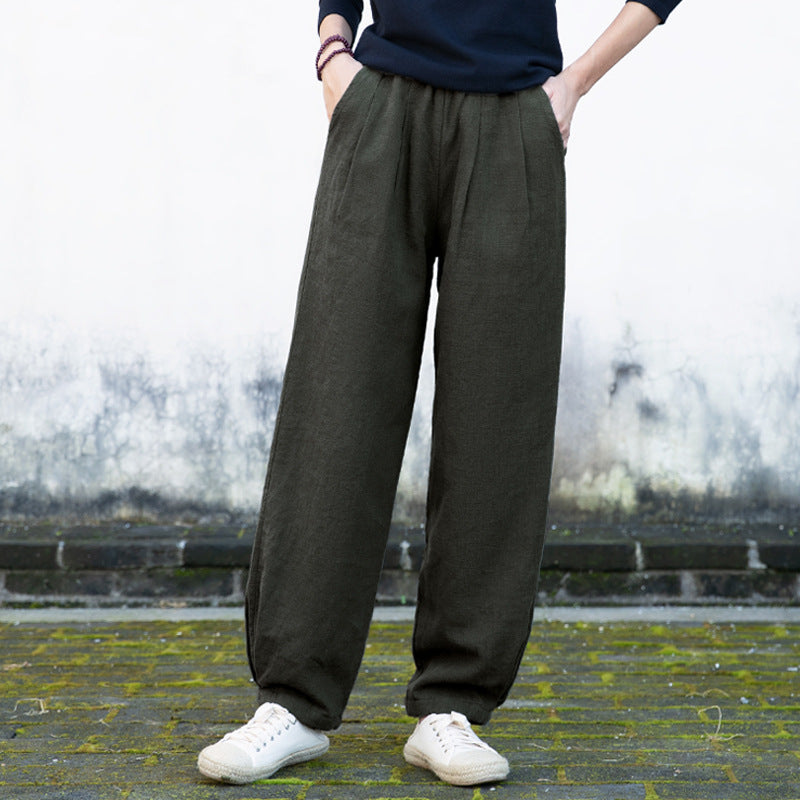 Winter linen wide leg pants, loose casual elastic waist linen pants