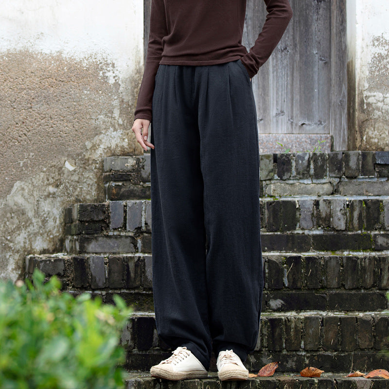 Winter linen wide leg pants, loose casual elastic waist linen pants