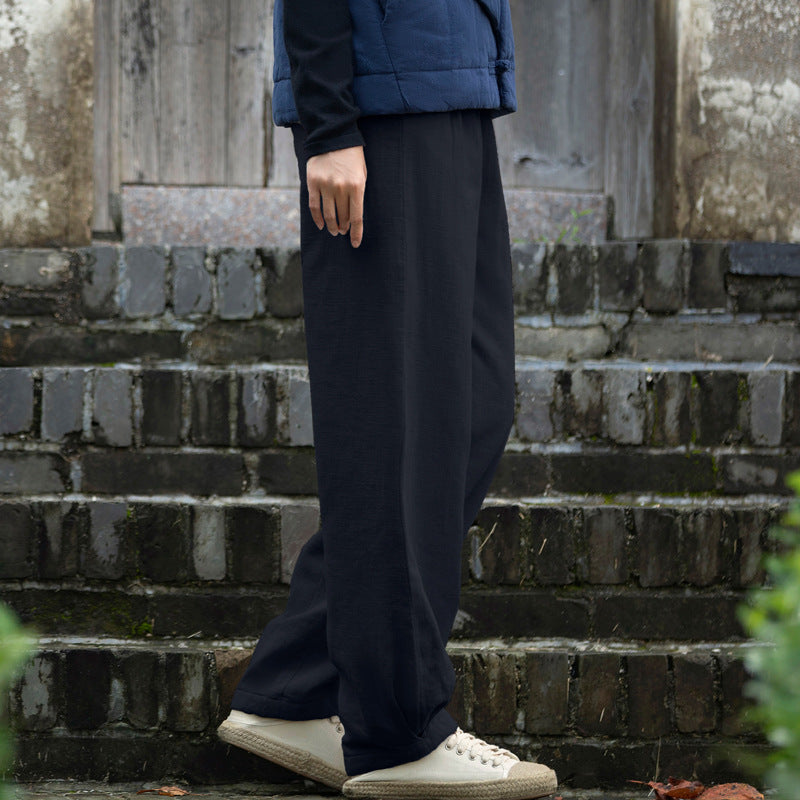 Winter linen wide leg pants, loose casual elastic waist linen pants