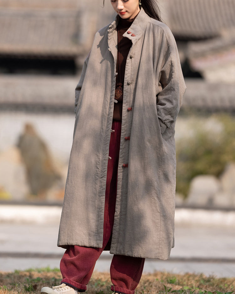 Loose Oversize Winter Linen Coat, Vintage Chinese Standing Collar Frog Button Coat Plus size